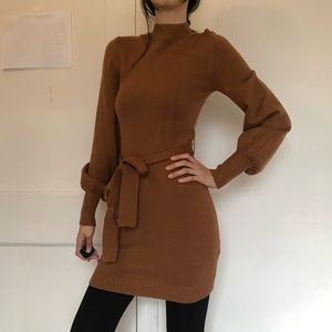 Brown long-sleeve bodycon sweater dress.